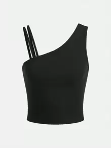 SHEIN Girlism Teen Girls Asymmetrical Neck Ribbed Knit Top - Black - View 1