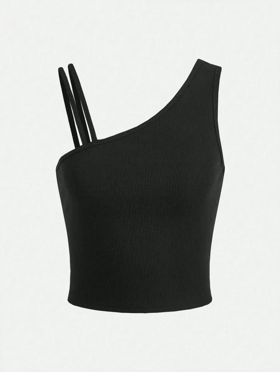 SHEIN Girlism Teen Girls Asymmetrical Neck Ribbed Knit Top - Black - View 1