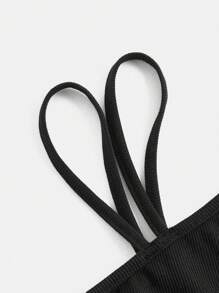 SHEIN Girlism Teen Girls Asymmetrical Neck Ribbed Knit Top - Black - View 3