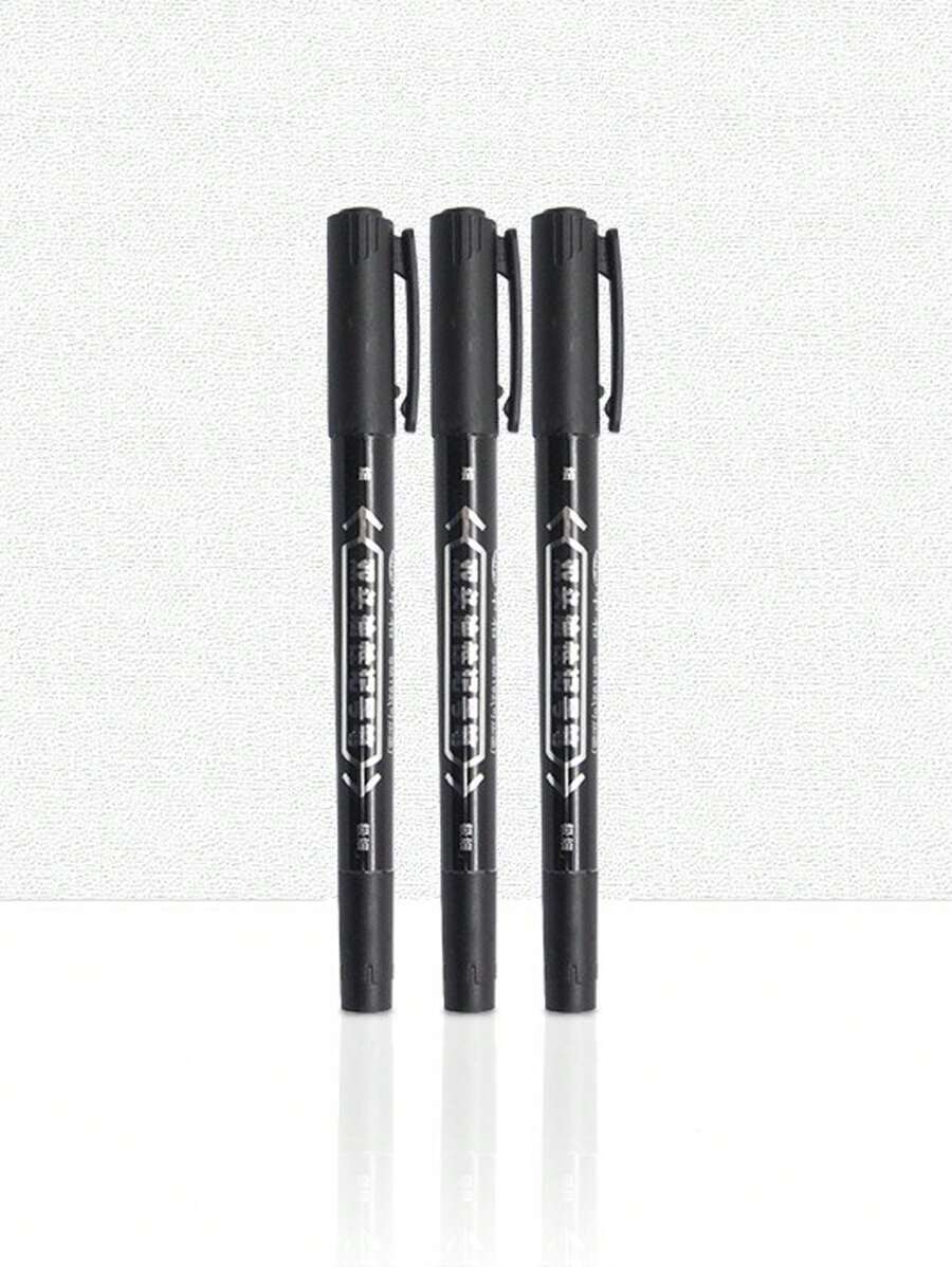 sipa 3pcs Black Marker Pen, Simple Easy To Use Double Head Permanent Marker For Office, School, Drawing, Writing - Black - View 1