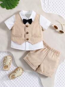 SHEIN Baby Boy Bow Front Shirt & Shorts & Waistcoat - Multicolor - View 1
