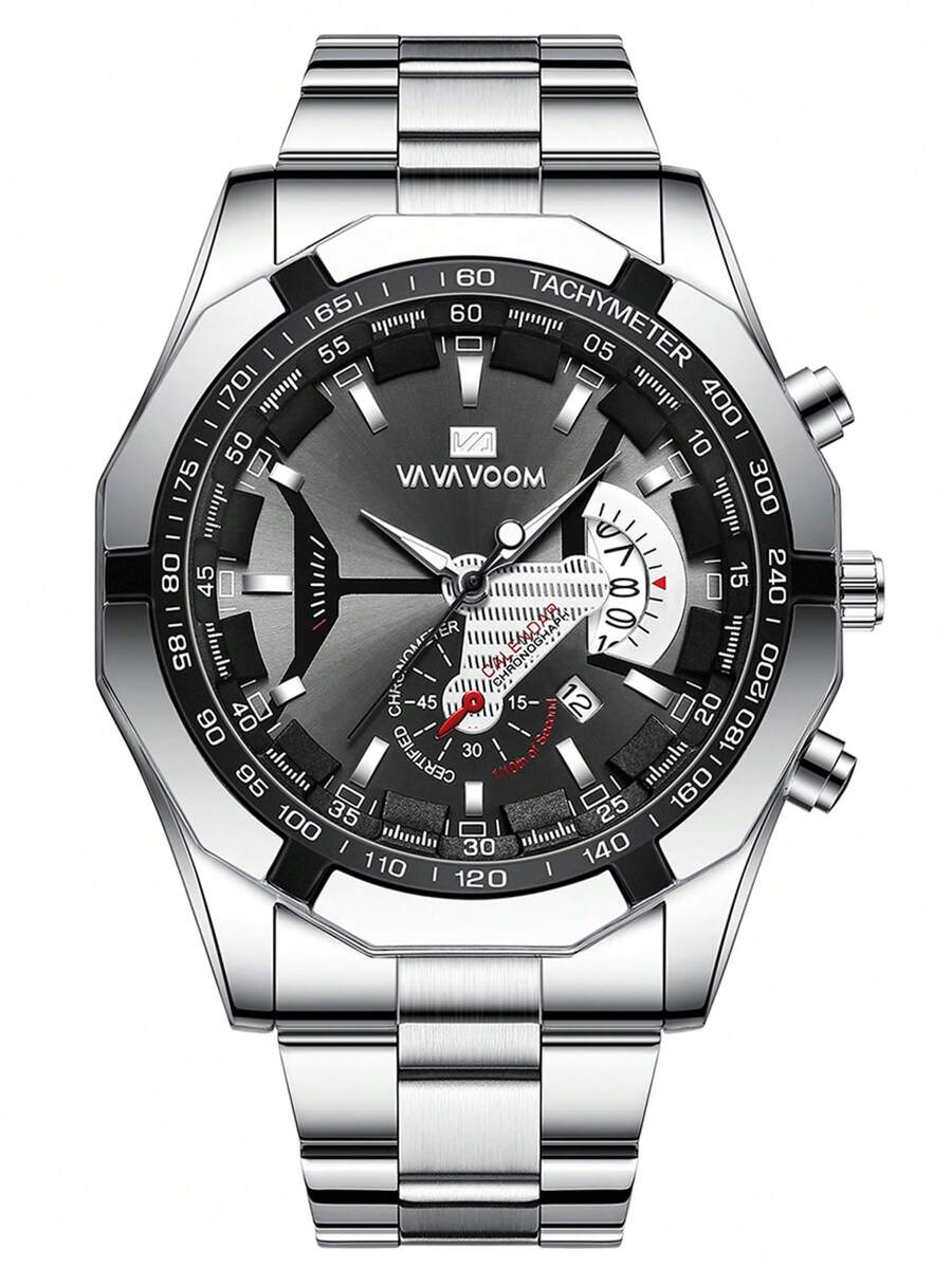 VA VA VOOM Fashion Men's Sport Stainless Steel Calendar Watch - Silver - View 1