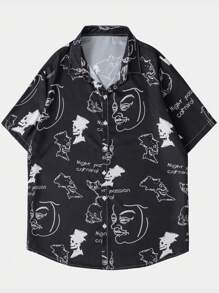 ROMWE MEN Street Life Hombres Camisa con estampado de figura con botón - Negro - Ver 1