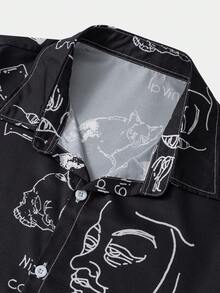 ROMWE MEN Street Life Hombres Camisa con estampado de figura con botón - Negro - Ver 5