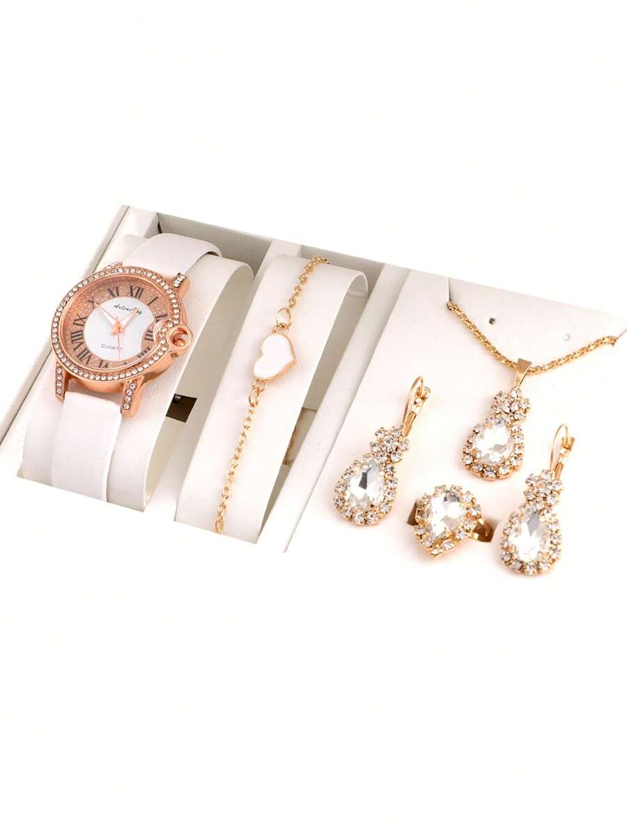 1 Đồng hồ thạch anh đính đá rhinestone và 5 bộ trang sức - trắng - Xem 1