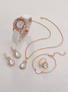 1 Đồng hồ thạch anh đính đá rhinestone và 5 bộ trang sức - trắng - Xem 2