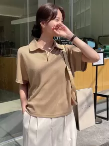 DAZY Áo thun nữ Nút màu trơn Giải trí - Màu Khaki - Xem 1