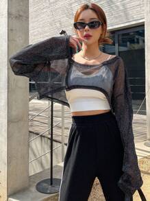 DAZY 一件式落肩短款网眼上衣外出上衣透明长袖女式上衣 - 黑色 - 查看 4