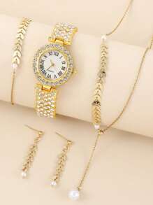 Nữ Vàng Dây Đeo Hợp Kim Kẽm Duyên Dáng Đá Trang Trí Mặt Tròn Đồng Hồ Thạch Anh Và 4 Món Trang Sức Cho Cuộc Sống Hàng Ngày - Vàng - Xem 1