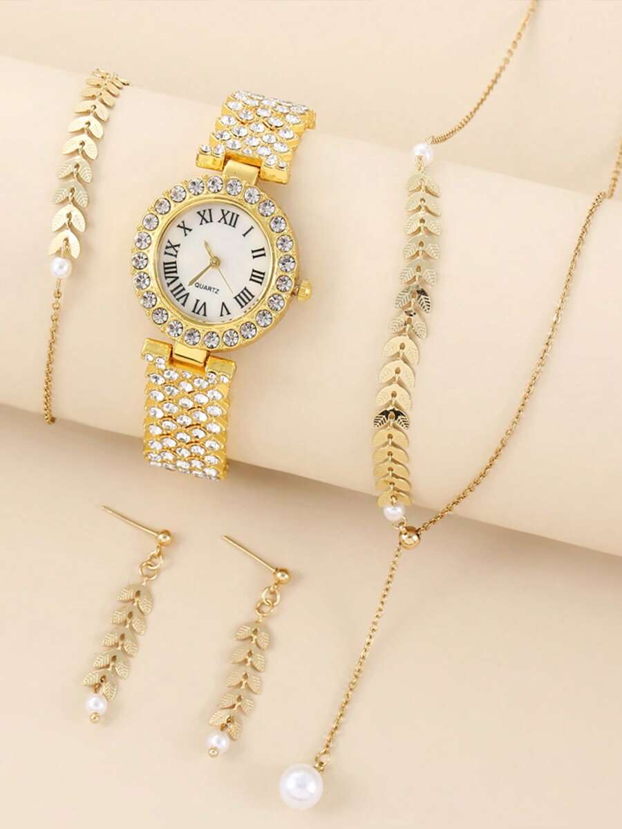 Nữ Vàng Dây Đeo Hợp Kim Kẽm Duyên Dáng Đá Trang Trí Mặt Tròn Đồng Hồ Thạch Anh Và 4 Món Trang Sức Cho Cuộc Sống Hàng Ngày - Vàng - Xem 1
