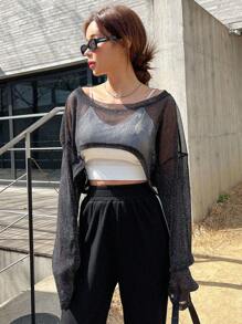 DAZY 一件式落肩短款网眼上衣外出上衣透明长袖女式上衣 - 黑色 - 查看 7