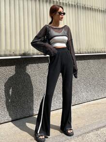 DAZY 一件式落肩短款网眼上衣外出上衣透明长袖女式上衣 - 黑色 - 查看 9