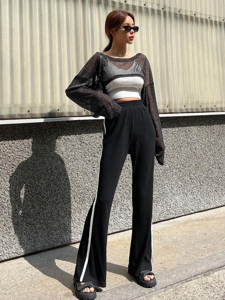 1 pieza Blusa corta con hombros caídos y manga larga transparente para salir, top de mujer
