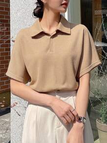 DAZY Áo thun nữ Nút màu trơn Giải trí - Màu Khaki - Xem 3