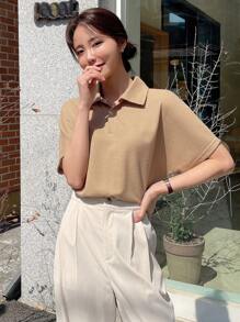 DAZY Áo thun nữ Nút màu trơn Giải trí - Màu Khaki - Xem 5