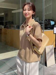 DAZY Áo thun nữ Nút màu trơn Giải trí - Màu Khaki - Xem 6