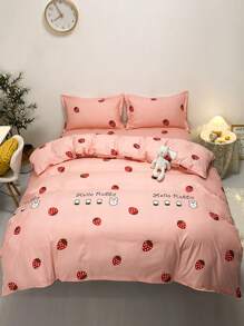 草莓和兔子印花被套套裝無填充物可愛布藝床上用品套裝適用於臥室 - 彩色 - 查看 1