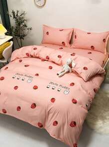 草莓和兔子印花被套套裝無填充物可愛布藝床上用品套裝適用於臥室 - 彩色 - 查看 2