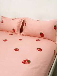 草莓和兔子印花被套套裝無填充物可愛布藝床上用品套裝適用於臥室 - 彩色 - 查看 3