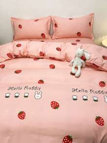 草莓和兔子印花被套套裝無填充物可愛布藝床上用品套裝適用於臥室 - 彩色 - 查看 4