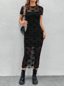 SHEIN EZwear Star Print Mesh Bodycon Dress