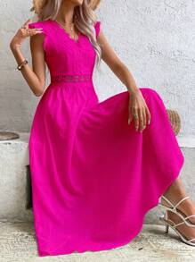 Breezaya Contrast Lace V Neck Dress - Hot Pink - View 1