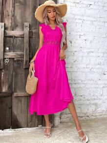 Breezaya Contrast Lace V Neck Dress - Hot Pink - View 3