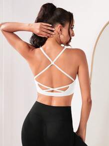Yoga Sxy Áo lót thể thao Nữ Hội Chữ thập Lộ Lưng màu trơn - trắng - Xem 3