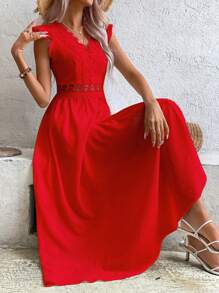 Breezaya Guipure Lace Panel A-line Dress - Red - View 1