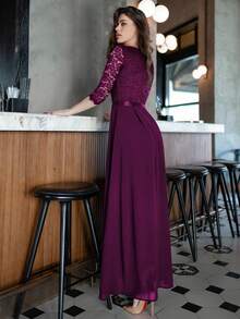 MIUSOL Elegant Floral Lace V-Neck Ruffle Chiffon Formal Party Dress - Maroon - View 3
