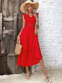 Breezaya Guipure Lace Panel A-line Dress - Red - View 3