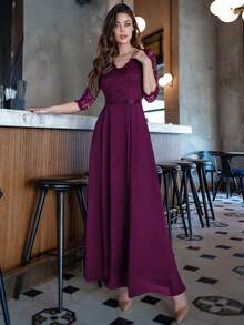 MIUSOL Elegant Floral Lace V-Neck Ruffle Chiffon Formal Party Dress - Maroon - View 4
