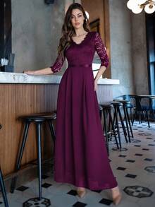 MIUSOL Elegant Floral Lace V-Neck Ruffle Chiffon Formal Party Dress - Maroon - View 5