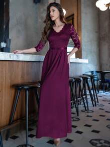 MIUSOL Elegant Floral Lace V-Neck Ruffle Chiffon Formal Party Dress - Maroon - View 6