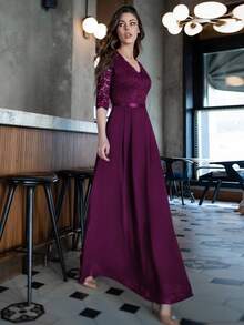 MIUSOL Elegant Floral Lace V-Neck Ruffle Chiffon Formal Party Dress - Maroon - View 7