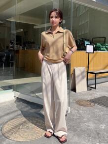 DAZY Áo thun nữ Nút màu trơn Giải trí - Màu Khaki - Xem 7