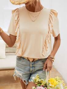 SHEIN VCAY Camiseta unicolor ribete con fruncido - Caqui - Ver 4