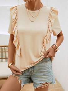 SHEIN VCAY Camiseta unicolor ribete con fruncido - Caqui - Ver 5