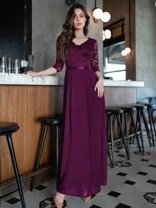 MIUSOL Elegant Floral Lace V-Neck Ruffle Chiffon Formal Party Dress - Maroon - View 8