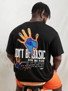 Manfinity VCAY 男士棉標語和手掌圖案T恤 - 黑色 - 查看 1