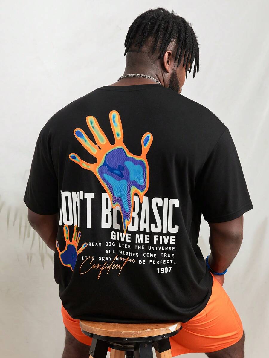 Manfinity VCAY 男士棉標語和手掌圖案T恤 - 黑色 - 查看 1