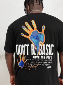 Manfinity VCAY 男士棉標語和手掌圖案T恤 - 黑色 - 查看 3