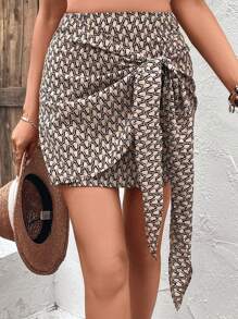 SHEIN VCAY Váy nữ Thắt nút Trọn gói Thắt nơ trước Tất cả trên in Boho - Màu Khaki - Xem 3