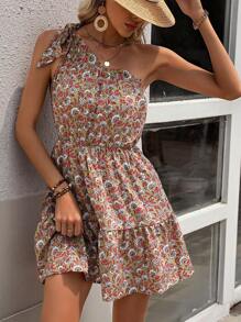 SHEIN LUNE 滿版印花單肩荷葉邊打結細節連衣裙 - 彩色 - 查看 1