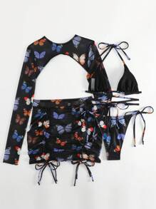Butterfly Print Halter Triangle Bikini Set With Cover Up Set - Multicolor - View 3