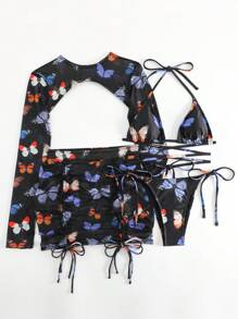 Butterfly Print Halter Triangle Bikini Set With Cover Up Set - Multicolor - View 4