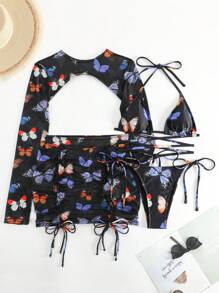 Butterfly Print Halter Triangle Bikini Set With Cover Up Set - Multicolor - View 5