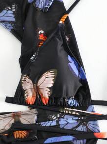 Butterfly Print Halter Triangle Bikini Set With Cover Up Set - Multicolor - View 6