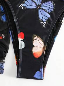 Butterfly Print Halter Triangle Bikini Set With Cover Up Set - Multicolor - View 7