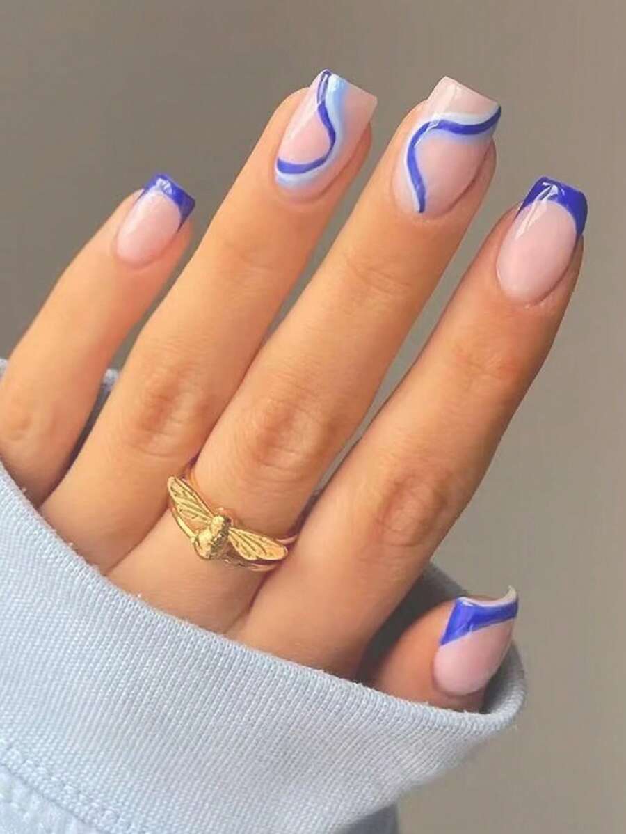 Eleve su estilo con 24 piezas de uñas falsas cuadradas cortas con rayas francesas azules y 1 hoja de cinta y 1 lima de uñas, suministros de uñas uñas falsas uña falsa uña acrílica